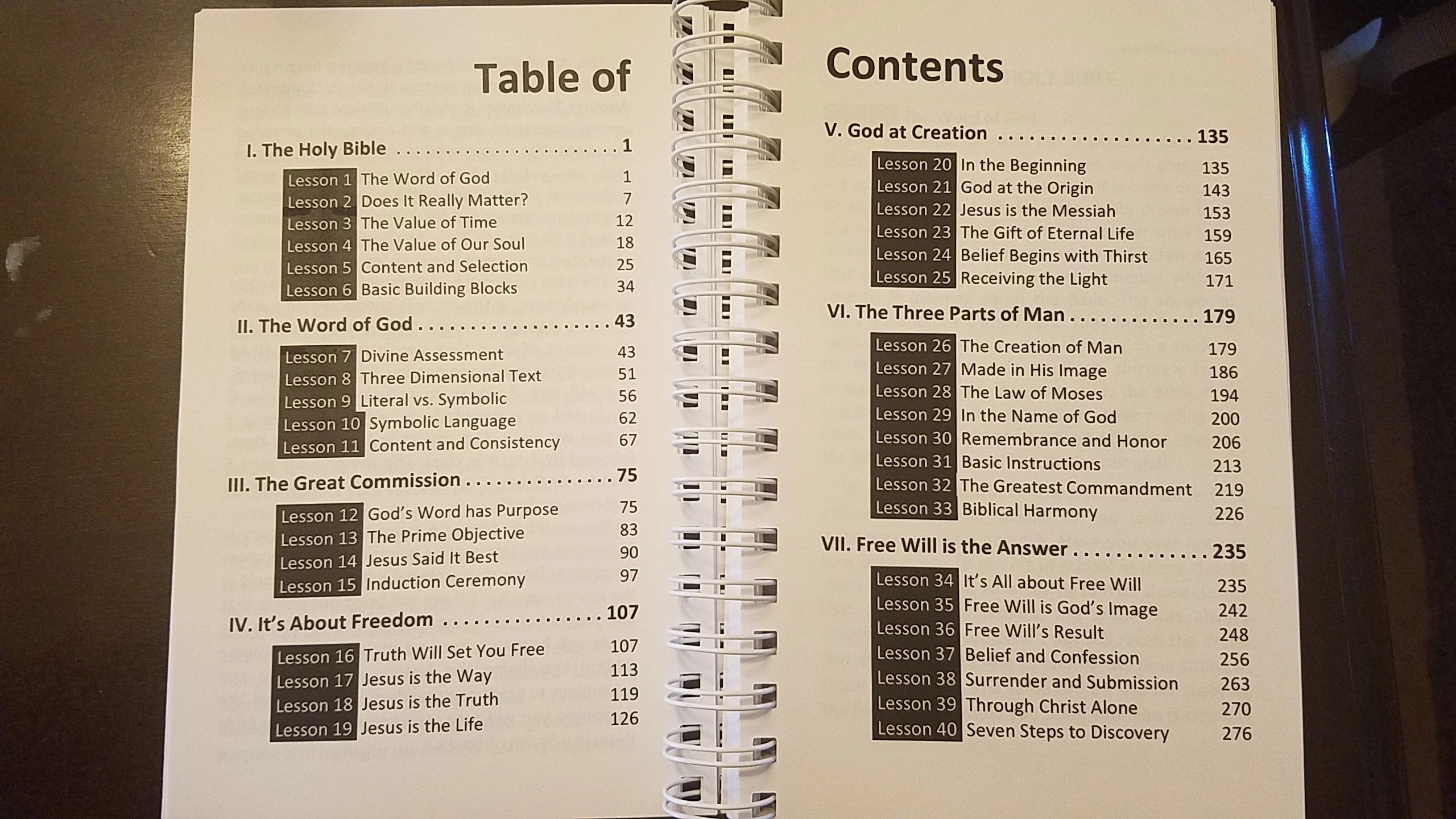 Book open to contents page