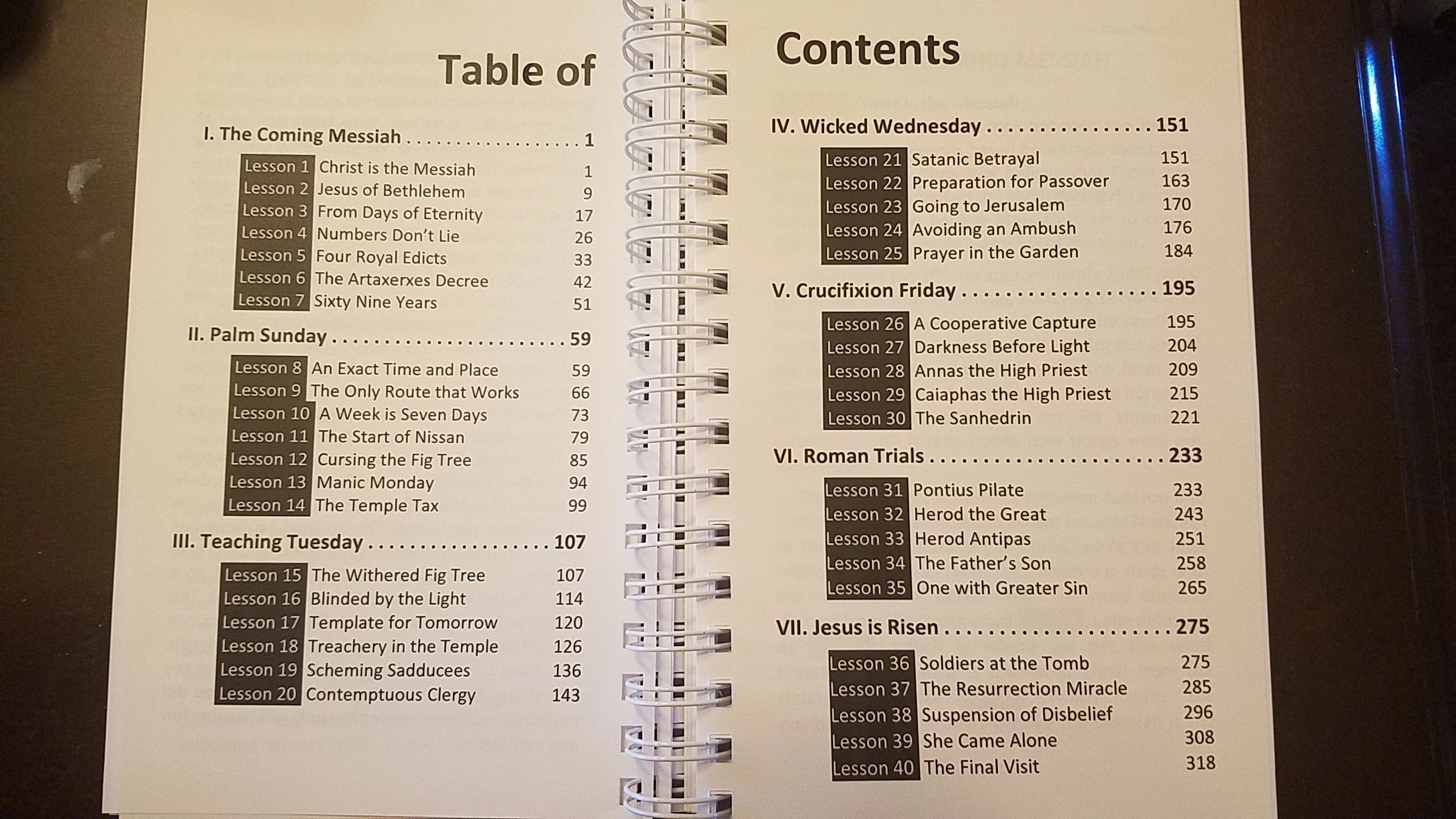 Spiral-bound book table of contents