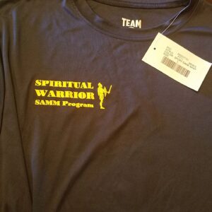 Gray t-shirt with Spiritual Warrior logo.