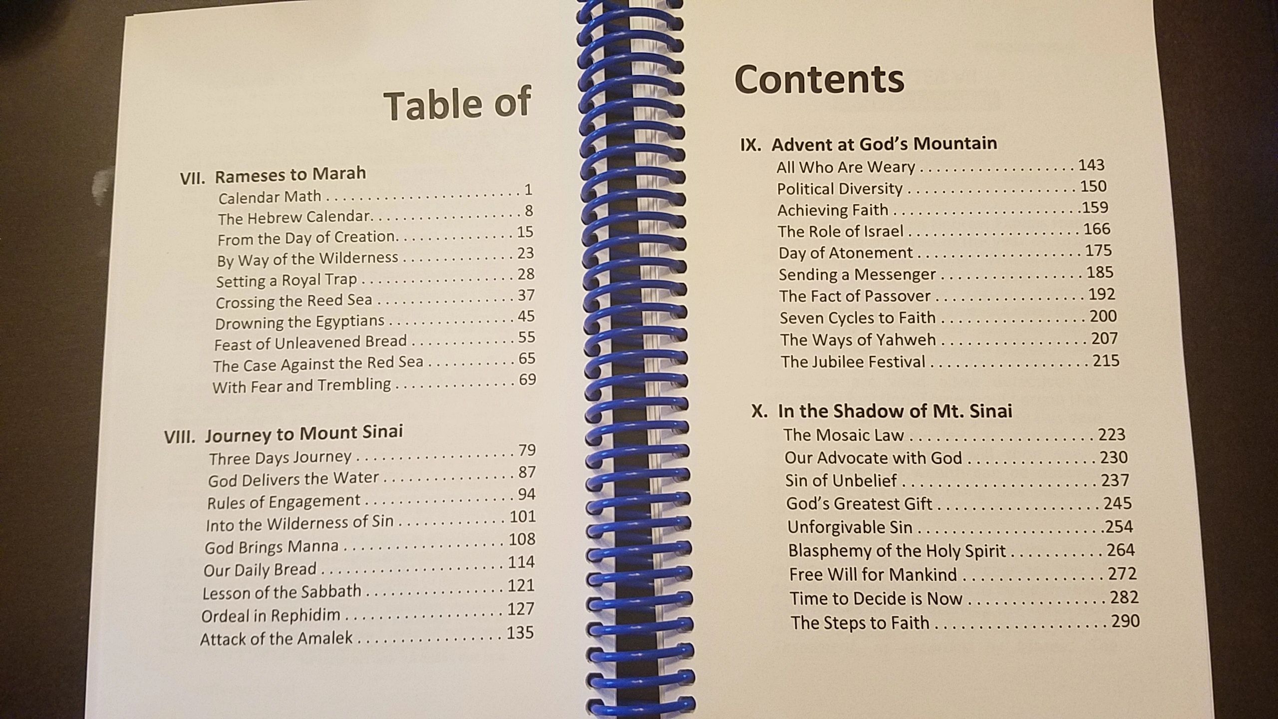 Spiral-bound book displaying table of contents
