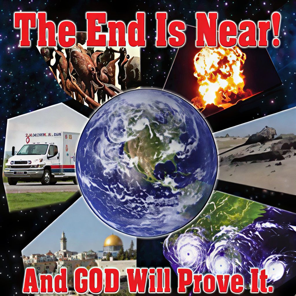 Earth surrounded by apocalyptic images