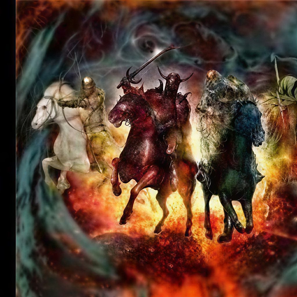 Mythical figures on horses in flames