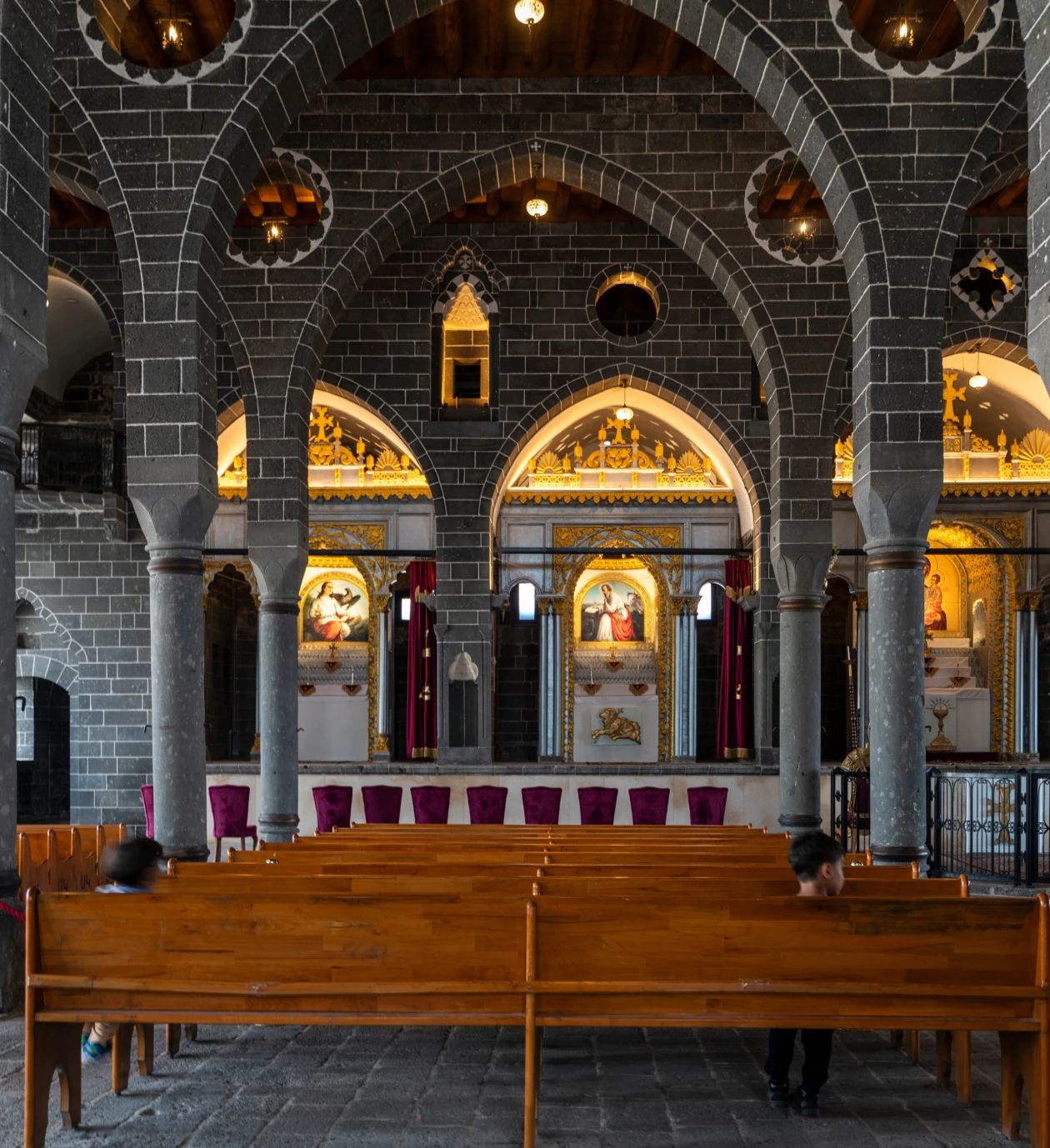Wooden pews inside historic church